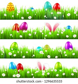 Easter eggs on grass with bunny rabbit ears set. Spring holidays in April. Sunday seasonal celebration with egg hunt.