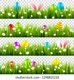Easter eggs on grass with bunny rabbit ears set. Spring holidays in April. Sunday seasonal celebration with egg hunt.
