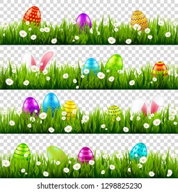 Easter eggs on grass with bunny rabbit ears set. Spring holidays in April. Sunday seasonal celebration with egg hunt.