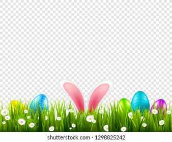 Easter eggs on grass with bunny rabbit ears set. Spring holidays in April. Sunday seasonal celebration with egg hunt.