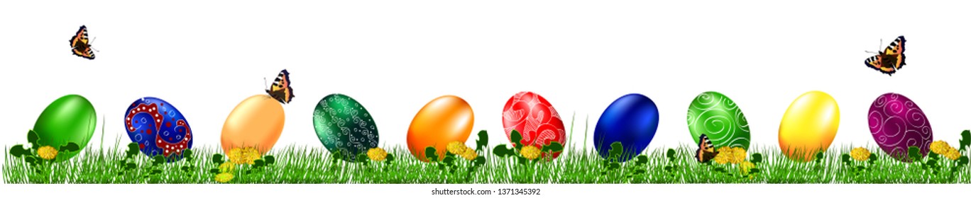 Easter eggs on the grass with butterflies