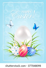 Easter eggs on grass and butterflies on blue background, illustration.
