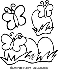 Easter eggs on the grass with butterfly. Line art doodle vector illustration. Set of elements for decoration for happy Easter.
