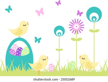 Easter eggs on the grass with chicks