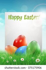 Easter eggs on a grass field with white paper. Vector illustration. 