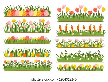 Easter eggs on the grass with a flower set. Spring holidays in April. Sunday seasonal celebration with an egg hunt. Vector illustration. Easter green floral borders