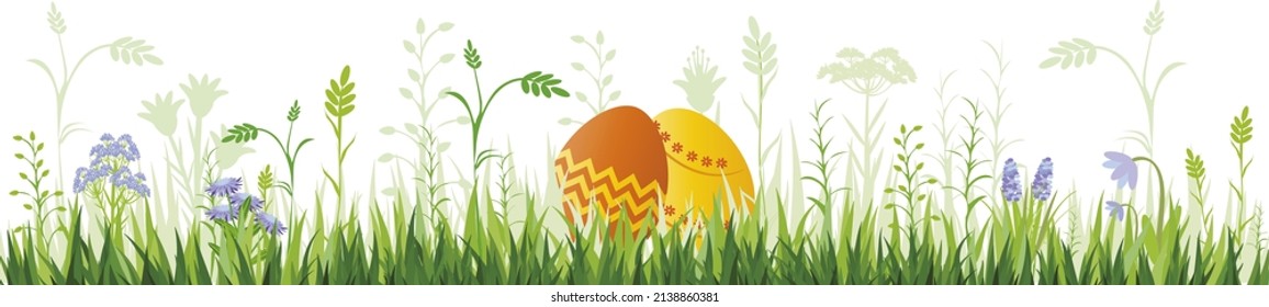 Ostereier auf dem Gras mit Blumen