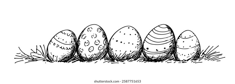 easter eggs on grass with flowers in hand-drawn line art style