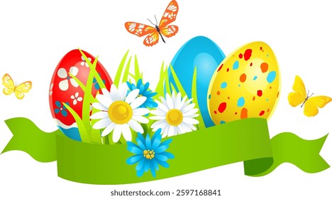 Easter eggs on a grass. Holiday design element isolated for card, banner, ticket, leaflet, poster and so on.