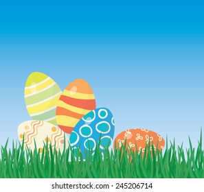 Easter eggs on the grass, horizontal seamless background