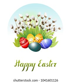 Easter eggs on the grass and pussy-willow.