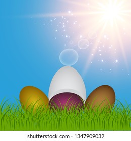 Easter eggs on the green grass. Seasonal holidays in April. Colorful egg and flowers.Banner