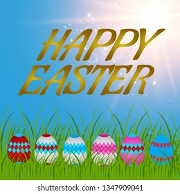 Easter eggs on the green grass. Seasonal holidays in April. Colorful egg and flowers.Banner