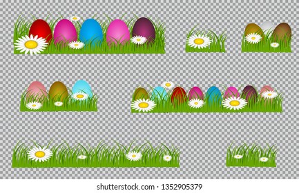 Easter eggs on the green grass. Seasonal holidays in April. Colorful egg and flowers.Banner