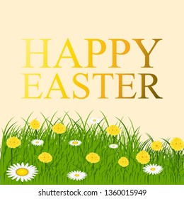 Easter eggs on the green grass. Seasonal holidays in April. Colorful egg and flowers.Banner