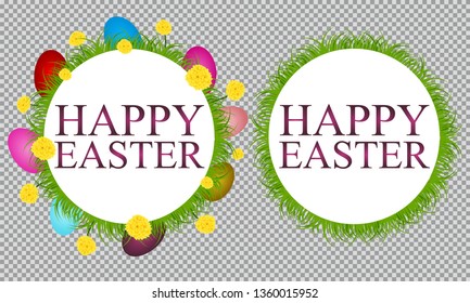 Easter eggs on the green grass. Seasonal holidays in April. Colorful egg and flowers.Banner