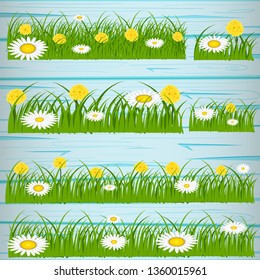 Easter eggs on the green grass. Seasonal holidays in April. Colorful egg and flowers.Banner
