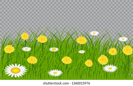 Easter eggs on the green grass. Seasonal holidays in April. Colorful egg and flowers.Banner