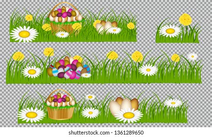 Easter eggs on the green grass. Seasonal holidays in April. Colorful egg and flowers.Banner