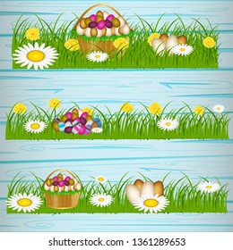 Huevos de Pascua en la hierba verde. Vacaciones estacionales en abril. Huevo colorido y flores.Cartel