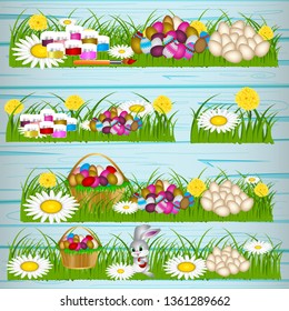Easter eggs on the green grass. Seasonal holidays in April. Colorful egg and flowers.Banner