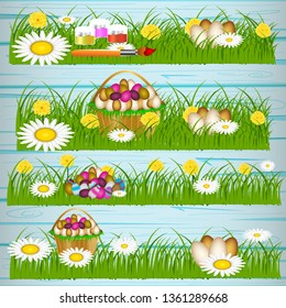 Easter eggs on the green grass. Seasonal holidays in April. Colorful egg and flowers.Banner