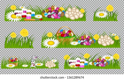 Easter eggs on the green grass. Seasonal holidays in April. Colorful egg and flowers.Banner
