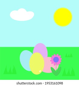 Easter eggs on green grass background landscape summer spring sunny day