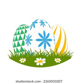 Easter eggs on green grass on a white background. Vector illustration. Spring holiday. Vector Illustration.Happy easter eggs.