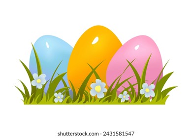 Huevos de Pascua en hierba verde aislado. Pascua de Caza de Huevos. Ilustración vectorial en estilo de dibujos animados.