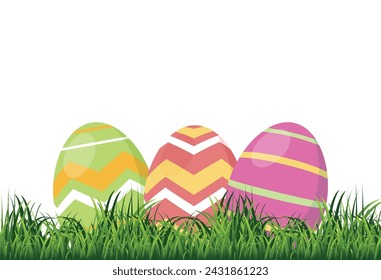 Easter eggs on green grass. Vector graphics