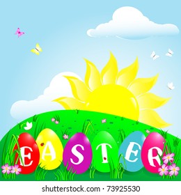 Easter eggs on green grass with flowers and cute sun. Vector.