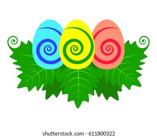Easter eggs on green leaves isolated on white background vector illustration.