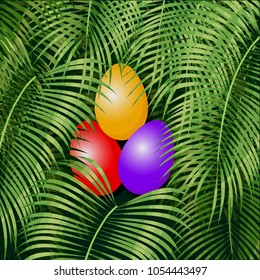 Easter eggs on the green rain forest
