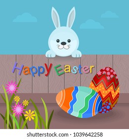 Easter eggs on ground with rabbit stand and holding wood fence. vector card design Happy Easter.