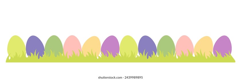 Huevos de Pascua en la bandera del césped. Colorido fondo horizontal de Pascua con hierba.