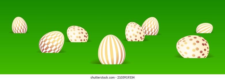 Easter eggs on the lawn. Easter eggs hunt. Decorated 3D easter eggs on green grass