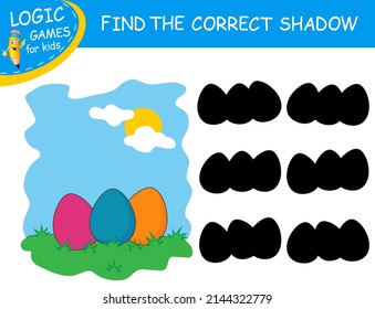 Easter Eggs on lawn isolated on colorful background. Find the correct shadow the Eggs. Cute cartoon food. Educational matching game. Logic Game for Kids. Learnig card for kids preschool, kindergarten.
