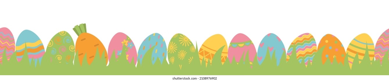 Huevos de Pascua en la pradera en banner de fondo transparente. Moderno patrón horizontal de Semana Santa sin soldadura con huevos coloridos. Pocos huevos ornamentales sobre hierba verde. Plantilla Tarjeta de felicitación de Pascua, vector.