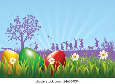 Easter eggs on the meadow with silhouette of bunny and children as a background. Layered and grouped EPS10 