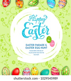 Easter eggs on a multicolor background. Easter holiday backdrop for design card, banner, ticket, leaflet, poster and so on. Happy Easter inscription.