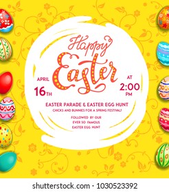 Easter eggs on a multicolor background. Easter holiday backdrop for design card, banner, ticket, leaflet, poster and so on. Happy Easter inscription.