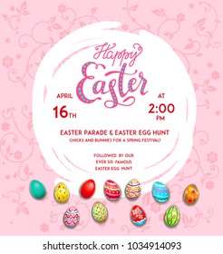 Easter eggs on a multicolor background. Easter holiday backdrop for design card, banner, ticket, leaflet, poster and so on. Happy Easter inscription.