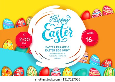 Easter eggs on a multicolor background. Easter holiday backdrop for design card, banner, ticket, leaflet, poster and so on. Happy Easter poster.