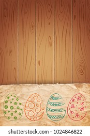 Easter eggs on old paper and wooden background. Vector illustration