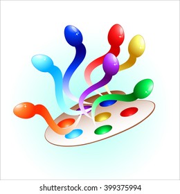 Easter eggs on a palette with paints. Vector illustration