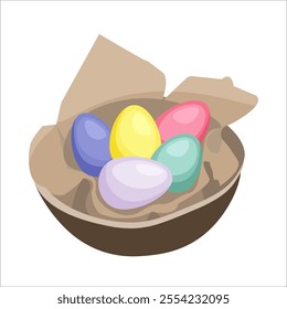 Easter eggs on a platter. Celebration of Easter. Easter decorations. Isolated vector illustration on white background