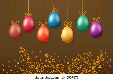 Huevos de Pascua en cuerda. Banner vectorial de vacaciones. Plantilla de tarjeta de saludo de Pascua