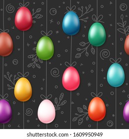 Easter eggs on rope. Holiday seamless magenta pattern