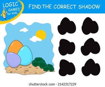 Easter Eggs on sand isolated on colorful background. Find the correct shadow the Eggs. Cute cartoon food. Educational matching game. Logic Game for Kids. Learnig card for kids preschool, kindergarten.